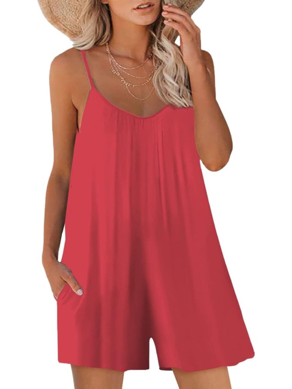 Summer Casual Sleeveless Romper with Pockets | Loose Fit Adjustable Spaghetti